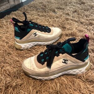 CHANEL Beige and Teal Sneakers 37